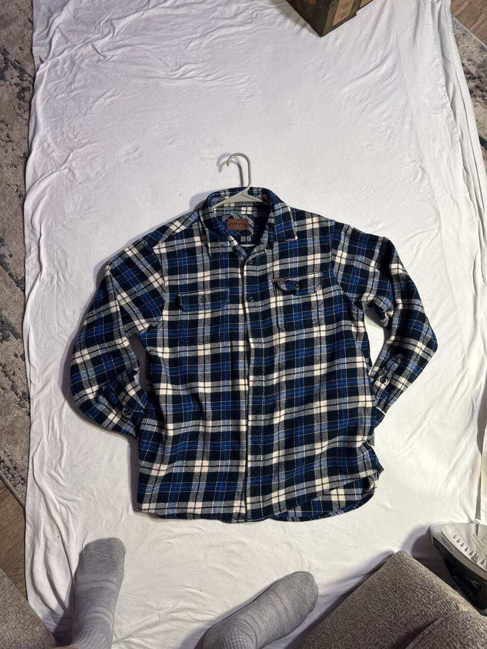 Orvis Men's Perfect Flannel Blue Plaid Button Down Shirt w Corduroy Trim size Lg